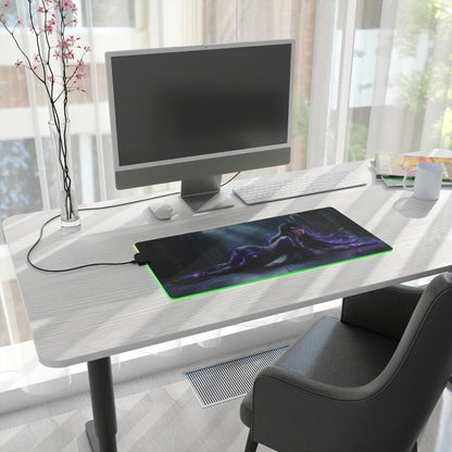 Bayonetta Mouse Pad, Bayonetta LED RGB Desk Mat, Gift for Gamer, Anime Room Decor — RGB gaming desk mat with Bayonetta artwork on white modern desk