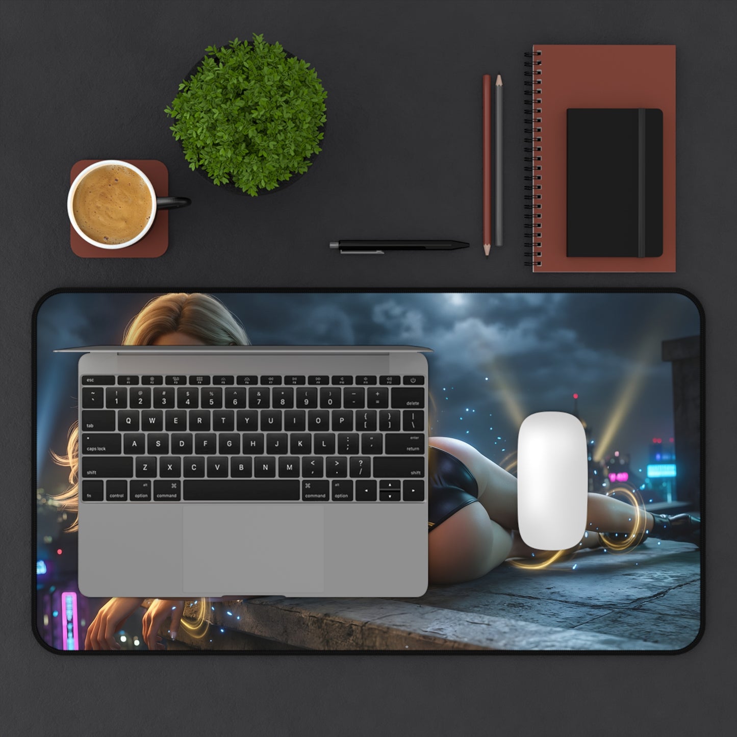 Black Canary Mouse Pad – DC Comics Gaming Mouse Pad, Stylish Gamer Desk Decor showing sleek desk setup with laptop, mouse and cup