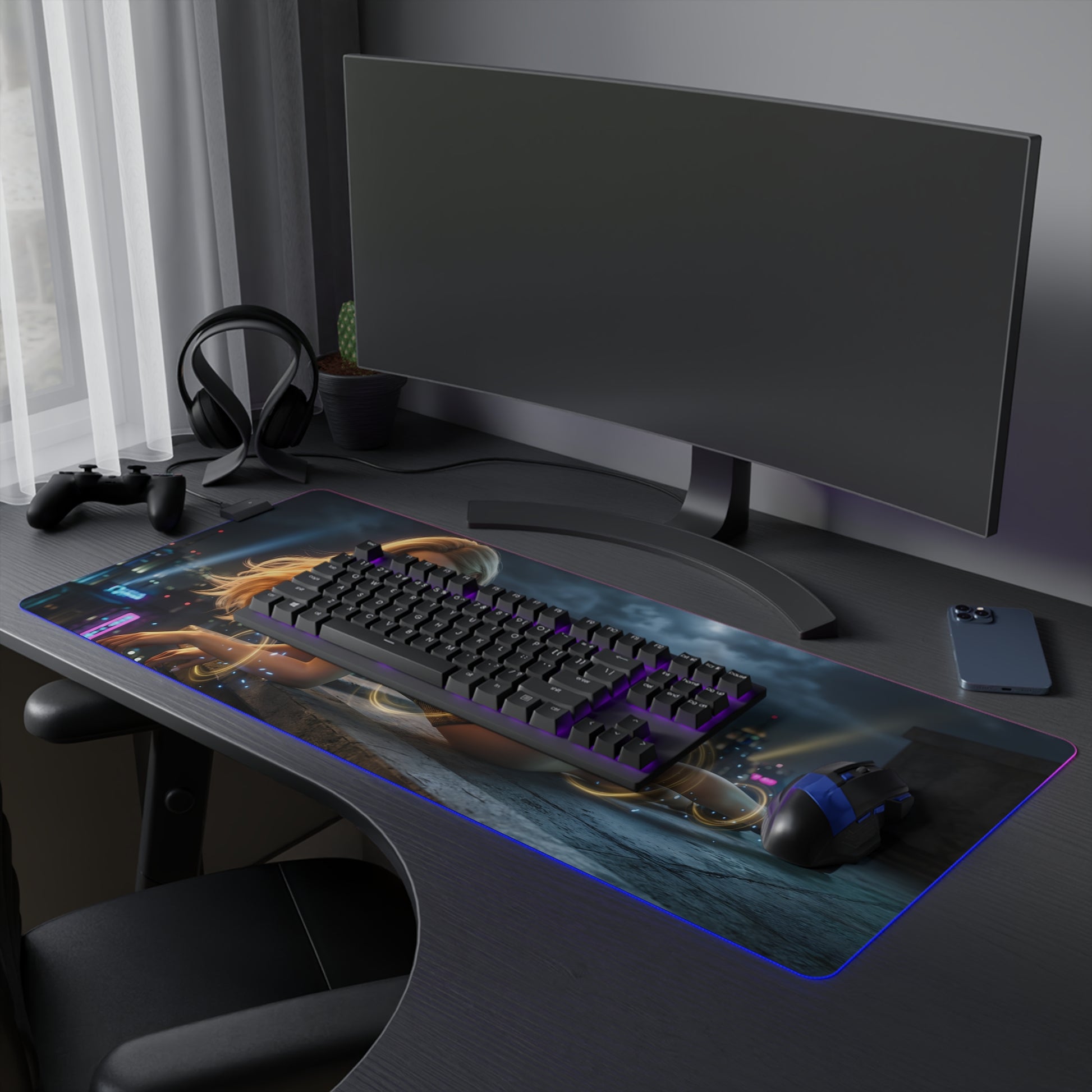 Black Canary RGB Mouse Pad – DC Comics LED Desk Mat, Superhero Gamer Setup on a curved gaming desk with keyboard and RGB edge lighting