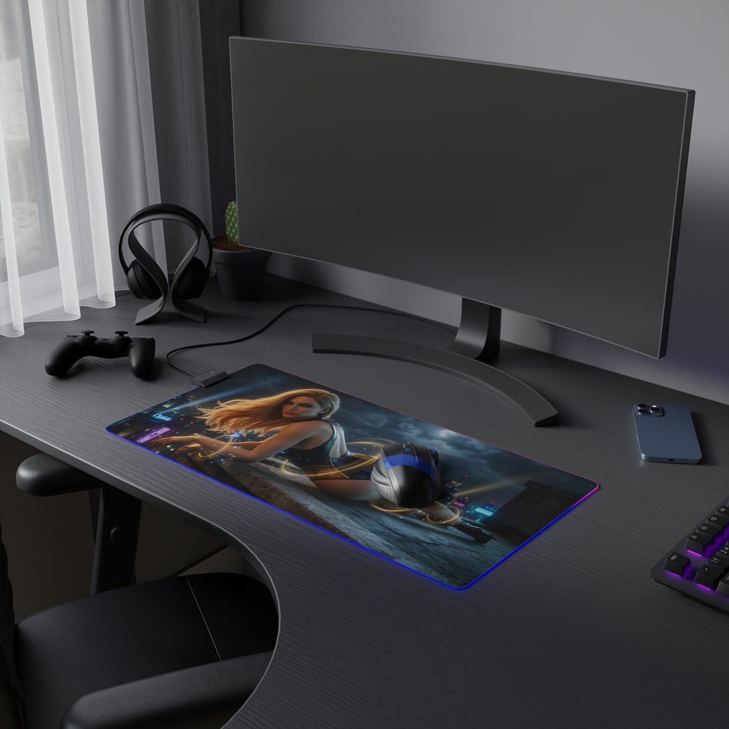 Black Canary RGB Mouse Pad – DC Comics LED Desk Mat, Superhero Gamer Setup on illuminated gaming desk with extended mat, keyboard and controller