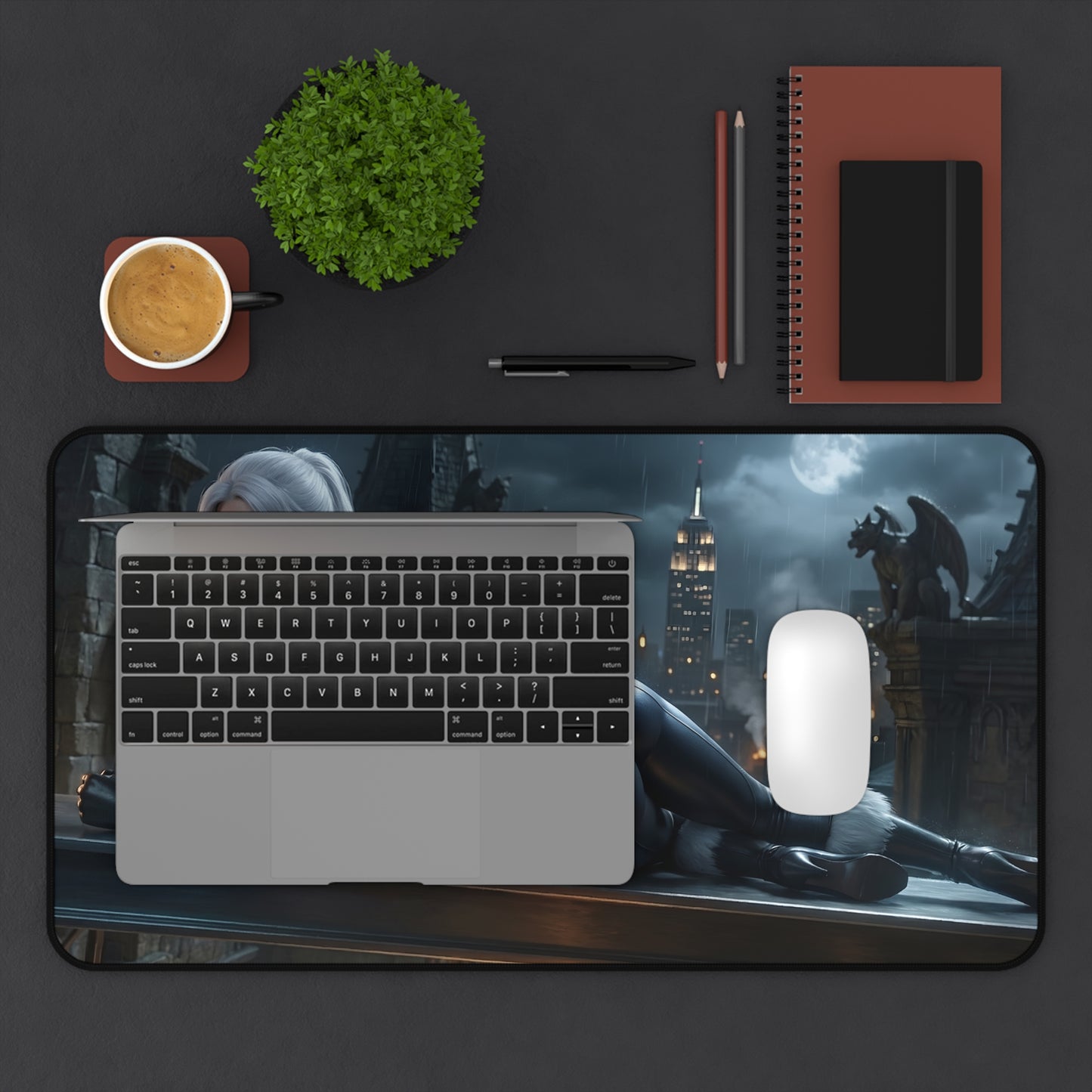 Black Cat Mouse Pad – Marvel Comics Gaming Mouse Pad, Stylish Gamer Desk Decor on a gaming desk with laptop, mouse and city night artwork