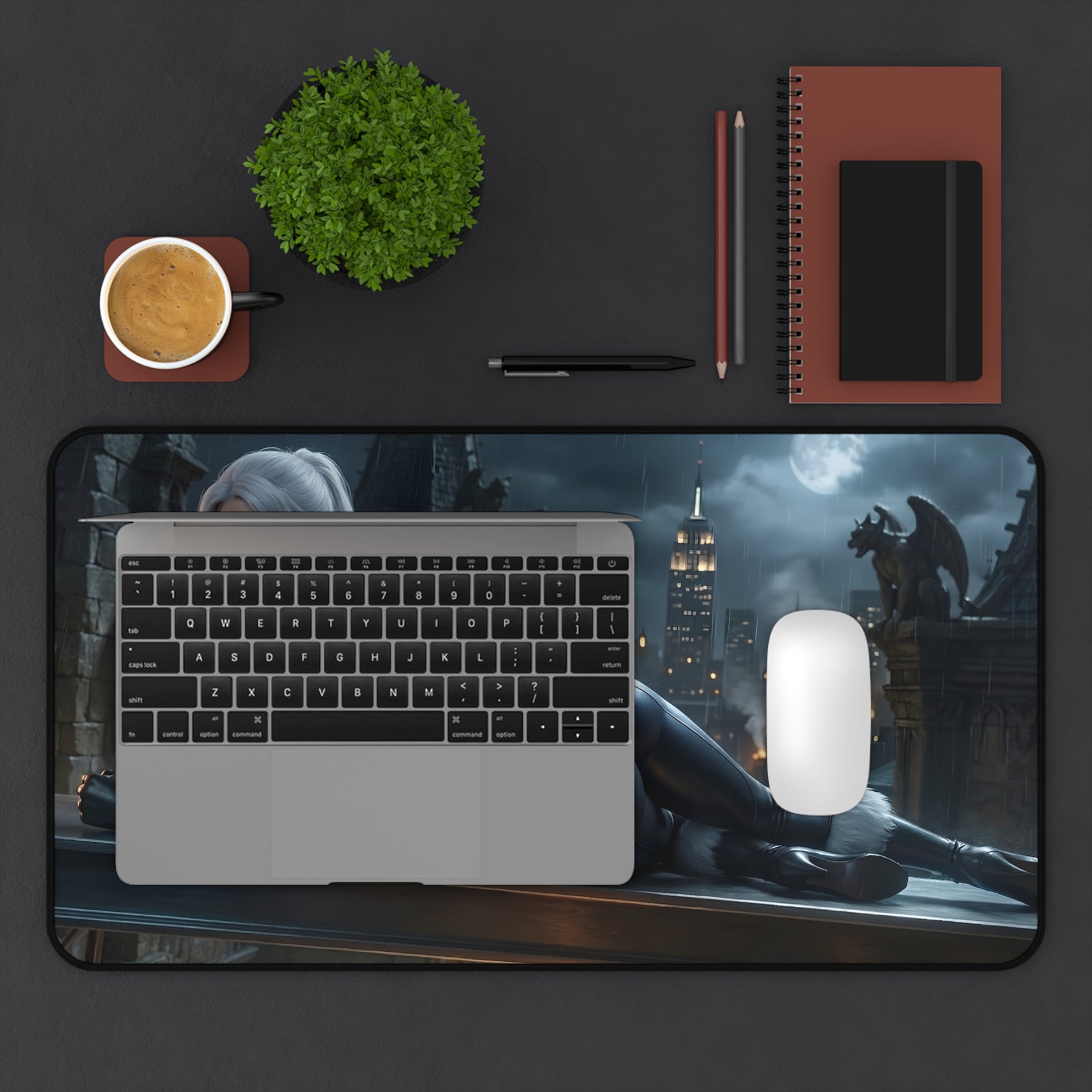 Black Cat Mouse Pad – Marvel Comics Gaming Mouse Pad, Stylish Gamer Desk Decor on a gaming desk with laptop, mouse and city night artwork
