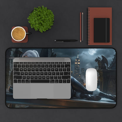 Black Cat Mouse Pad – Marvel Comics Gaming Mouse Pad, Stylish Gamer Desk Decor on a gaming desk with laptop, mouse and city night artwork