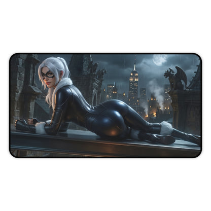 Black Cat Mouse Pad – Marvel Comics Gaming Mouse Pad, Stylish Gamer Desk Decor showing Black Cat character on rooftop at night for gaming desks