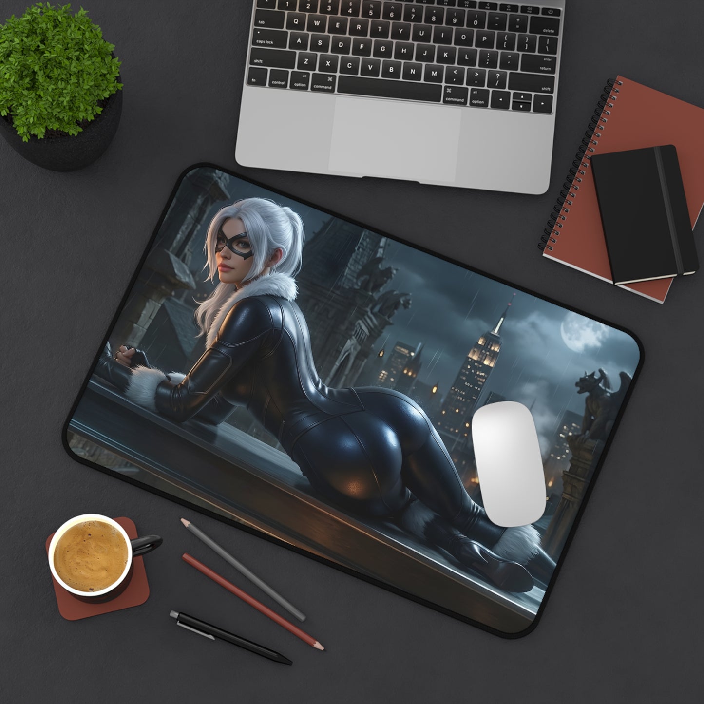 Black Cat Mouse Pad – Marvel Comics Gaming Mouse Pad, Stylish Gamer Desk Decor showing Black Cat artwork on a gaming desk setup