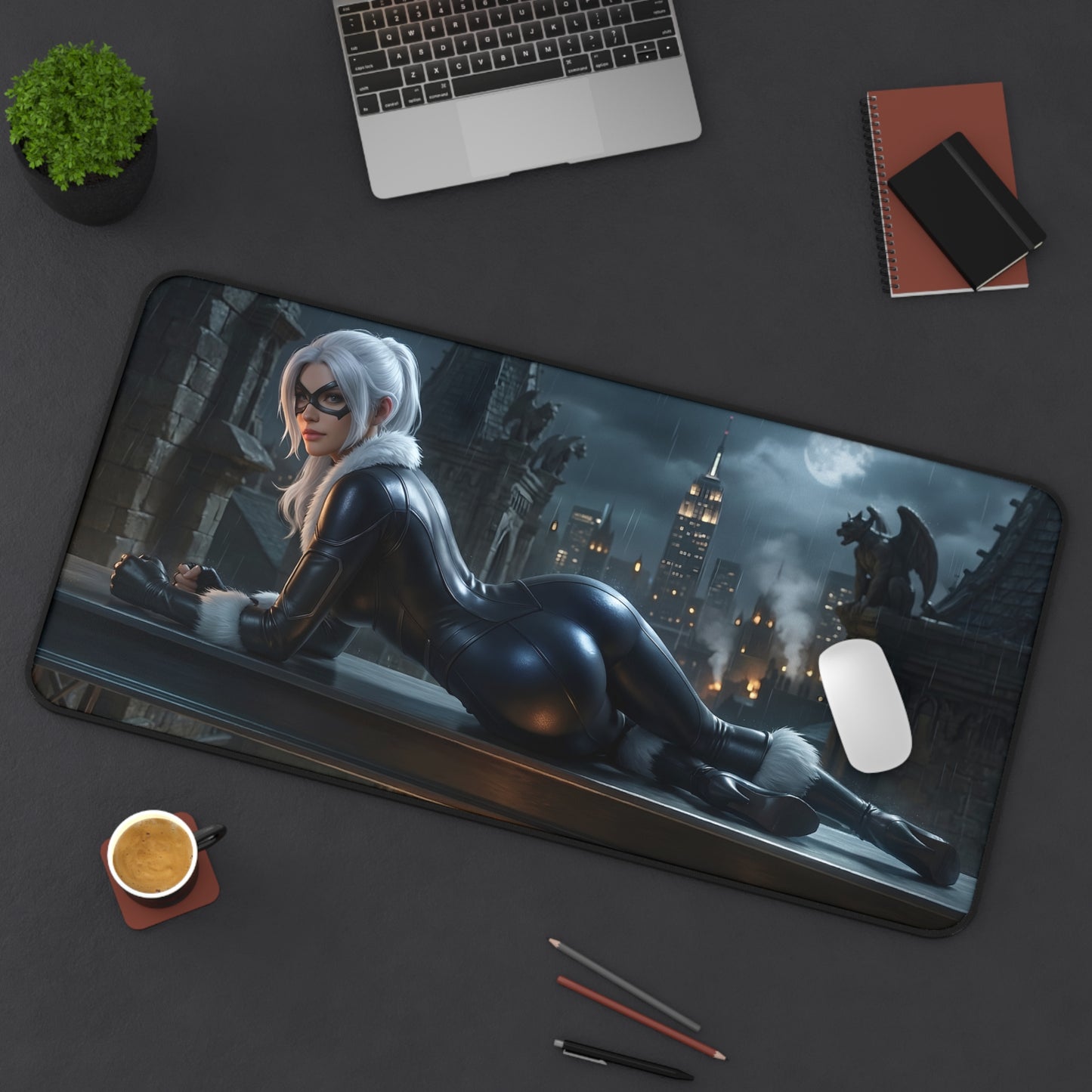 Black Cat Mouse Pad – Marvel Comics Gaming Mouse Pad, Stylish Gamer Desk Decor on a gaming desk with Black Cat artwork