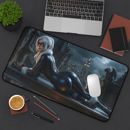 Black Cat Mouse Pad – Marvel Comics Gaming Mouse Pad, Stylish Gamer Desk Decor on gaming desk with laptop, mouse and coffee