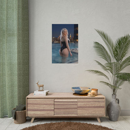 Marvel Poster – Black Cat Art Print, Superhero Comic Wall Art featuring Black Cat in rooftop pool with city skyline at night