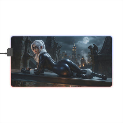 Black Cat RGB Mouse Pad – Marvel Illuminated Desk Mat, Superhero Gamer Setup featuring Black Cat artwork on illuminated extended desk mat