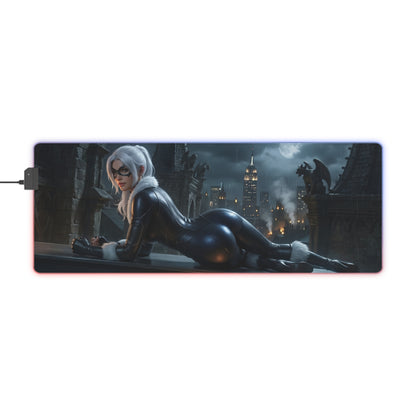 Black Cat RGB Mouse Pad – Marvel Illuminated Desk Mat, Superhero Gamer Setup featuring Black Cat artwork, RGB edge lighting, extended anti-slip desk mat