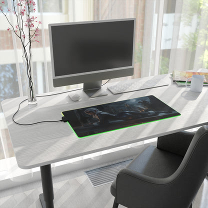 Black Cat RGB Mouse Pad – Marvel Illuminated Desk Mat, Superhero Gamer Setup on a modern illuminated gaming desk with keyboard and monitor, green edge lighting