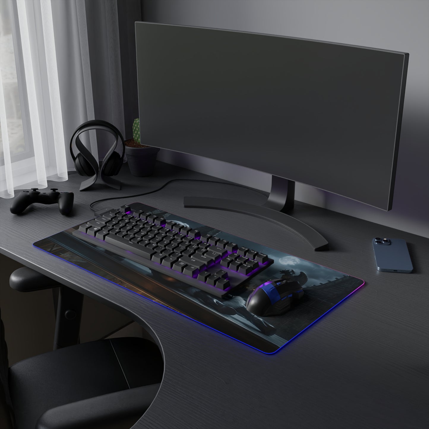 Black Cat RGB Mouse Pad – Marvel Illuminated Desk Mat, Superhero Gamer Setup on modern gaming desk with keyboard, mouse and RGB edge lighting