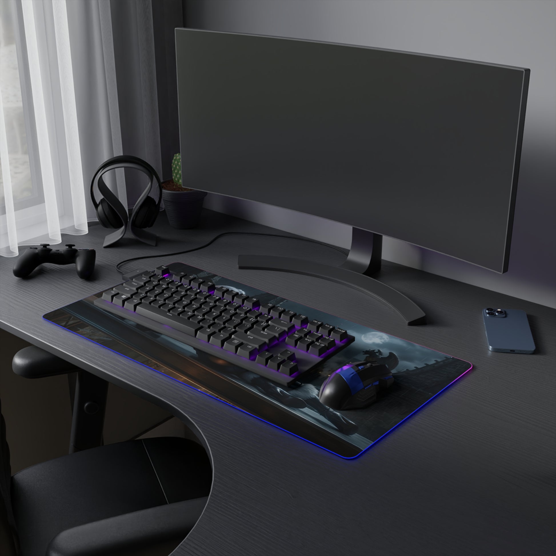 Black Cat RGB Mouse Pad – Marvel Illuminated Desk Mat, Superhero Gamer Setup on modern gaming desk with keyboard, mouse and RGB edge lighting