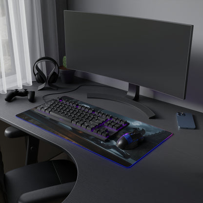 Black Cat RGB Mouse Pad – Marvel Illuminated Desk Mat, Superhero Gamer Setup on modern gaming desk with keyboard, mouse and RGB edge lighting