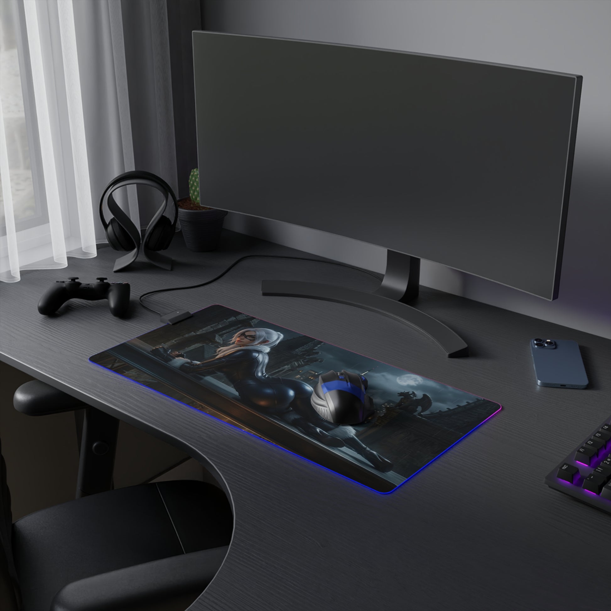 Black Cat RGB Mouse Pad – Marvel Illuminated Desk Mat, Superhero Gamer Setup on a sleek gaming desk with RGB edge lighting and anti-slip base