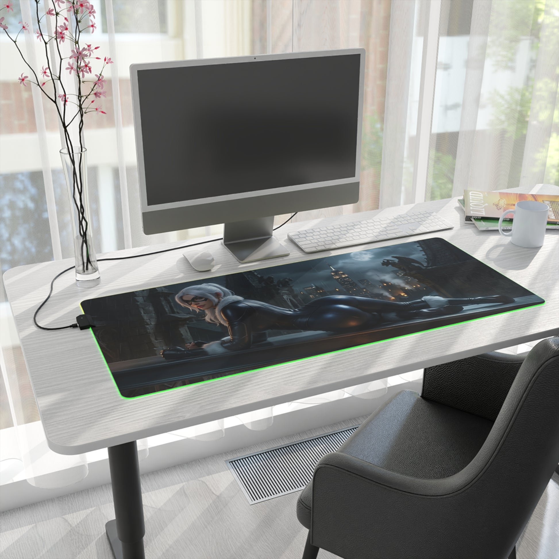 Black Cat RGB Mouse Pad – Marvel Illuminated Desk Mat, Superhero Gamer Setup on modern desk with green edge lighting and Black Cat artwork