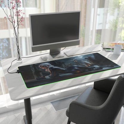 Black Cat RGB Mouse Pad – Marvel Illuminated Desk Mat, Superhero Gamer Setup on modern desk with green edge lighting and Black Cat artwork