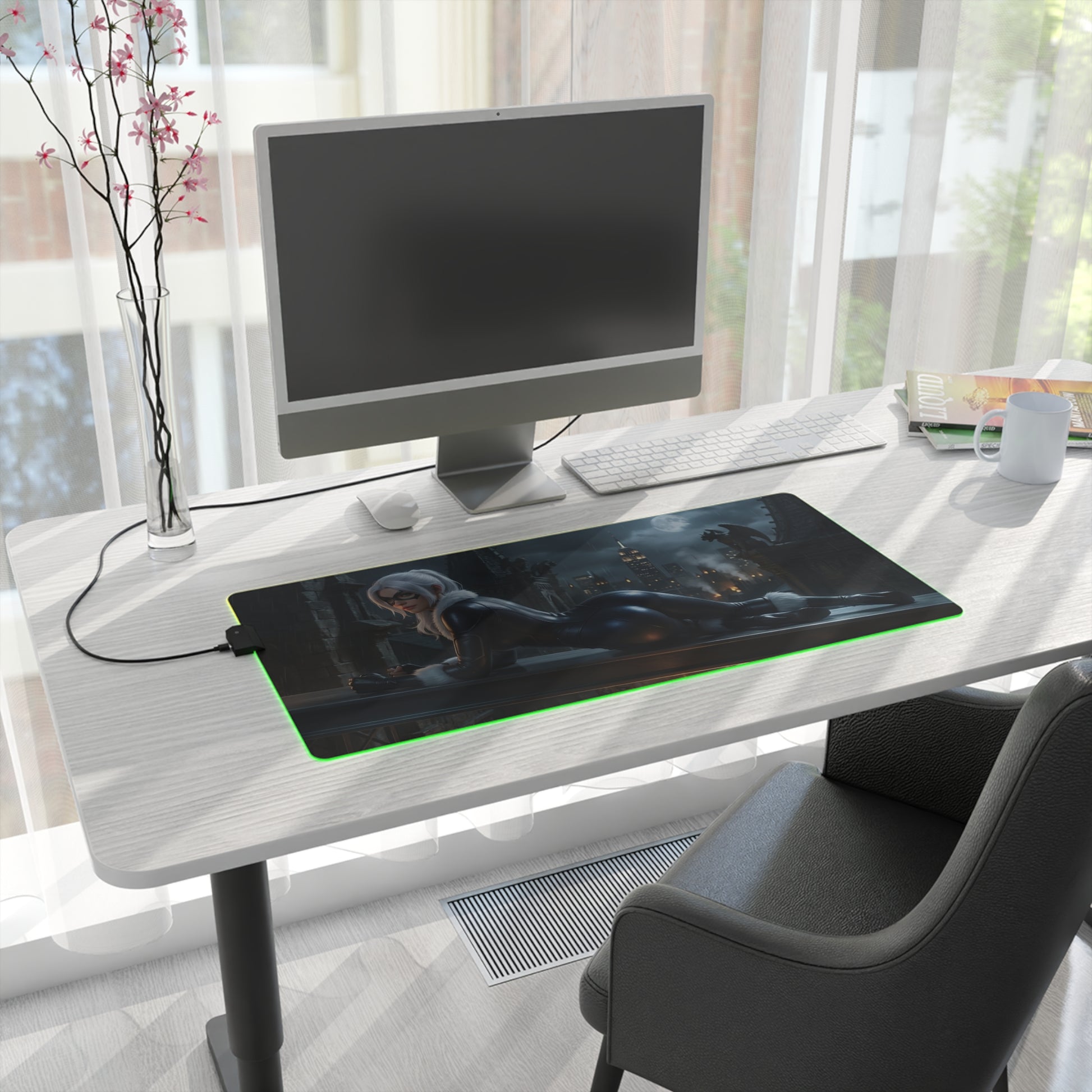 Black Cat RGB Mouse Pad – Marvel Illuminated Desk Mat, Superhero Gamer Setup on modern desk with green RGB edge lighting and anti-slip base