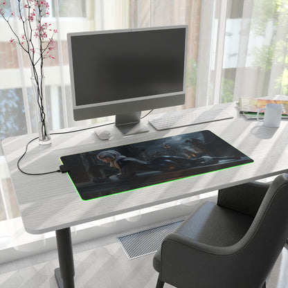 Black Cat RGB Mouse Pad – Marvel Illuminated Desk Mat, Superhero Gamer Setup on modern desk with green RGB edge lighting and anti-slip base