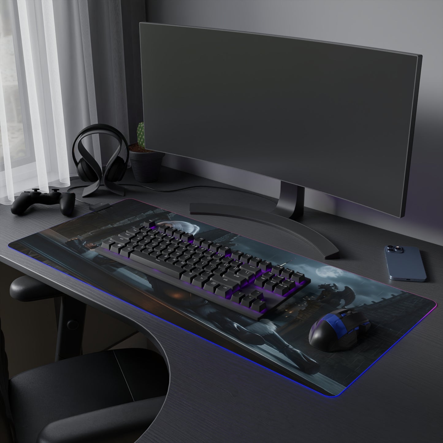 Black Cat RGB Mouse Pad – Marvel Illuminated Desk Mat, Superhero Gamer Setup on black gaming desk with keyboard and mouse