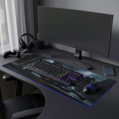 Black Cat RGB Mouse Pad – Marvel Illuminated Desk Mat, Superhero Gamer Setup on black gaming desk with keyboard and mouse