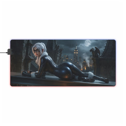 Black Cat RGB Mouse Pad – Marvel Illuminated Desk Mat, Superhero Gamer Setup with Black Cat art, RGB edge lighting, extended anti-slip gaming mat