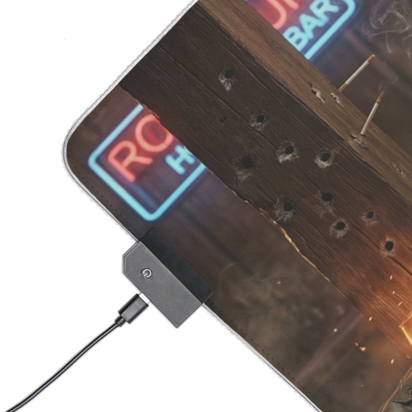Black Lagoon Mouse Pad, Revy LED RGB Desk Mat, Gift for Gamer, Anime Room Decor — corner showing RGB controller and weathered wood artwork