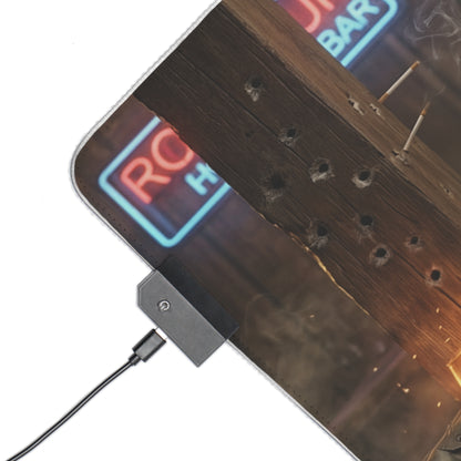 Black Lagoon Mouse Pad, Revy LED RGB Desk Mat, Gift for Gamer, Anime Room Decor — corner showing RGB controller and weathered wood artwork