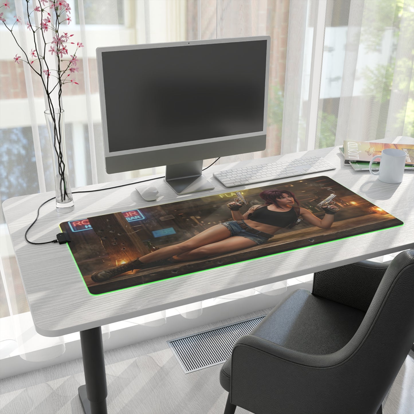 Black Lagoon Mouse Pad, Revy LED RGB Desk Mat, Gift for Gamer, Anime Room Decor — Revy artwork RGB gaming desk mat on white workstation