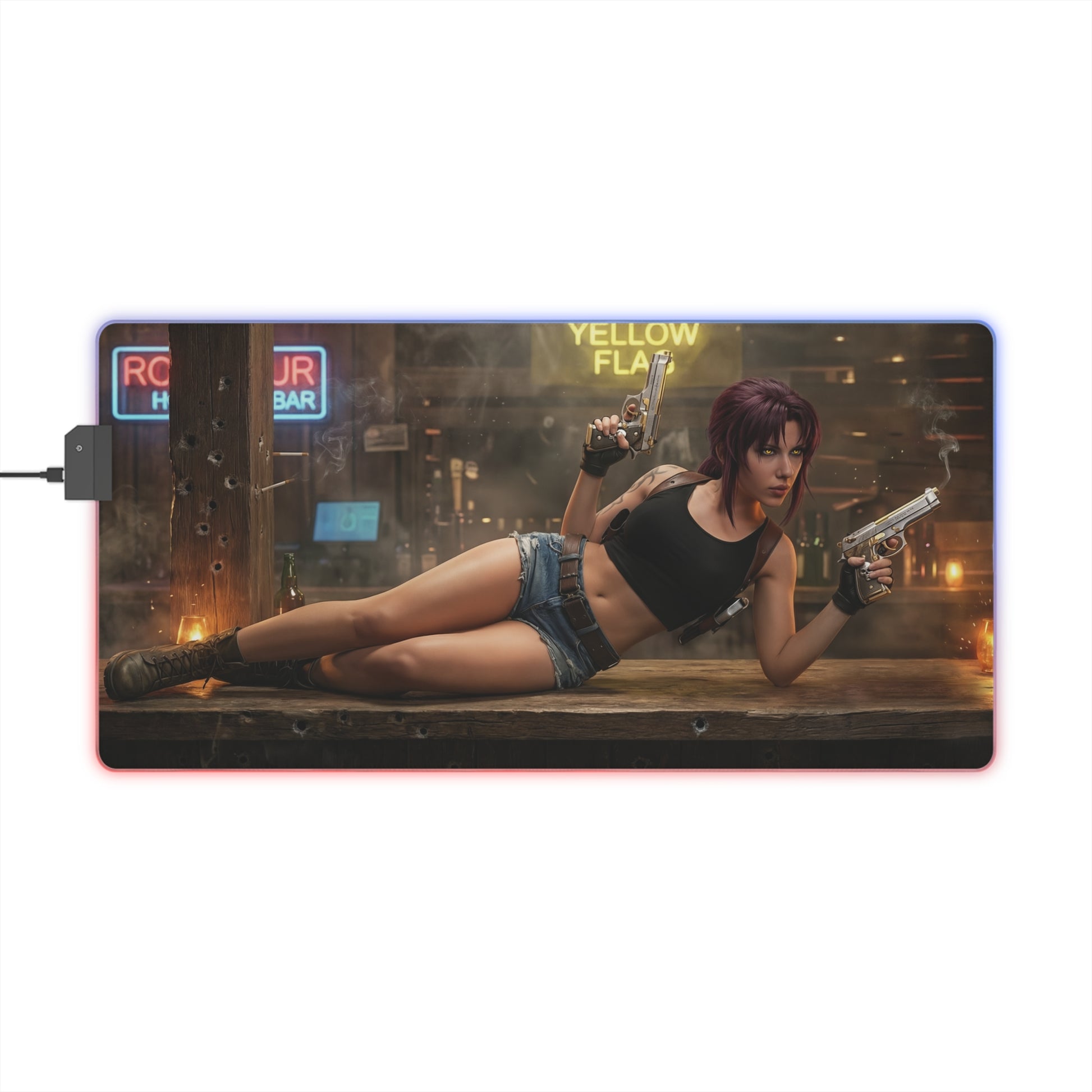 Black Lagoon Mouse Pad, Revy LED RGB Desk Mat, Gift for Gamer, Anime Room Decor — Revy dual-wield action scene on RGB gaming desk mat