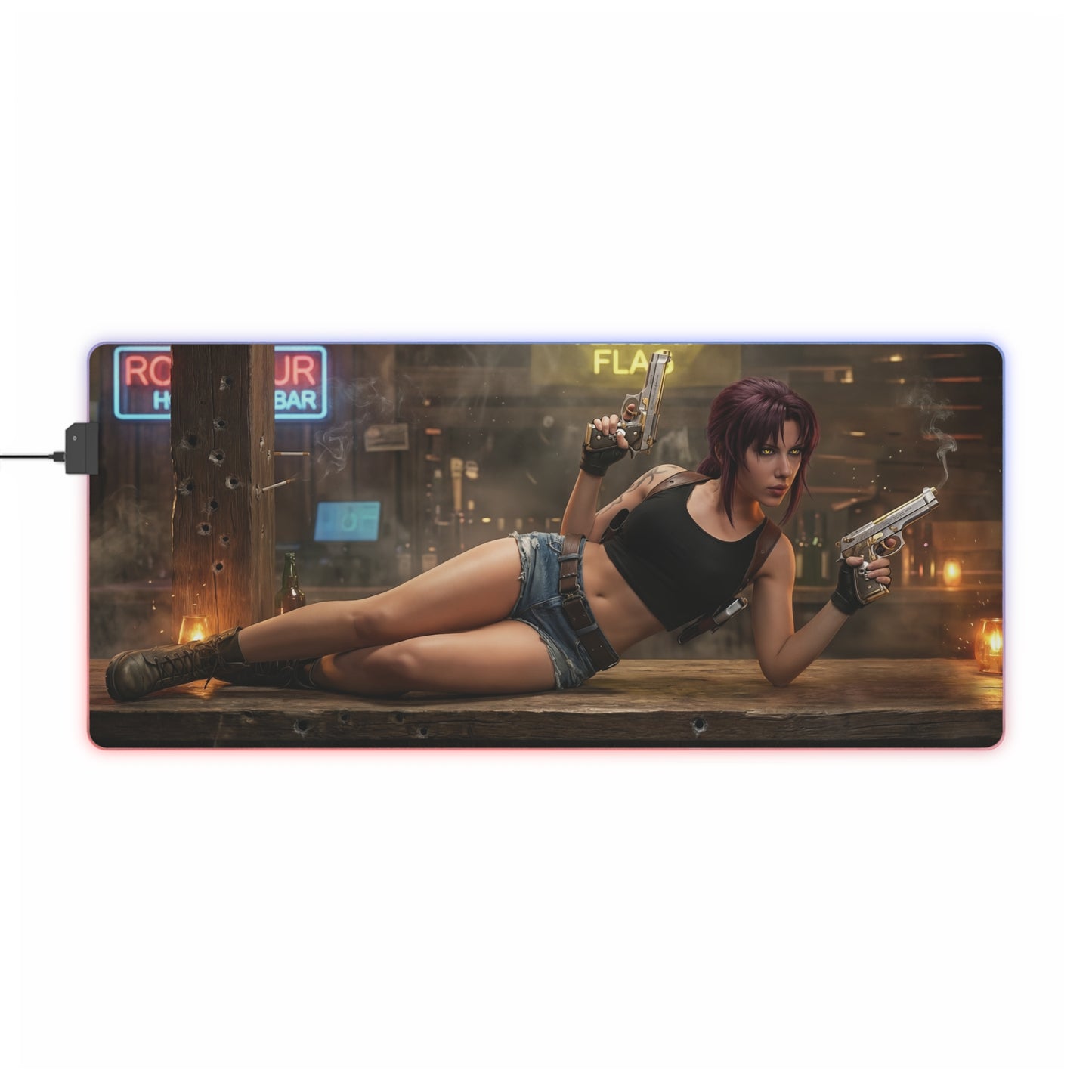 Black Lagoon Mouse Pad, Revy LED RGB Desk Mat featuring Revy dual-wield pose — gift for gamer and anime room decor