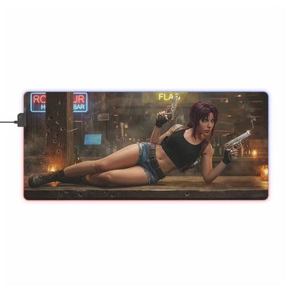 Black Lagoon Mouse Pad, Revy LED RGB Desk Mat featuring Revy dual-wield pose — gift for gamer and anime room decor