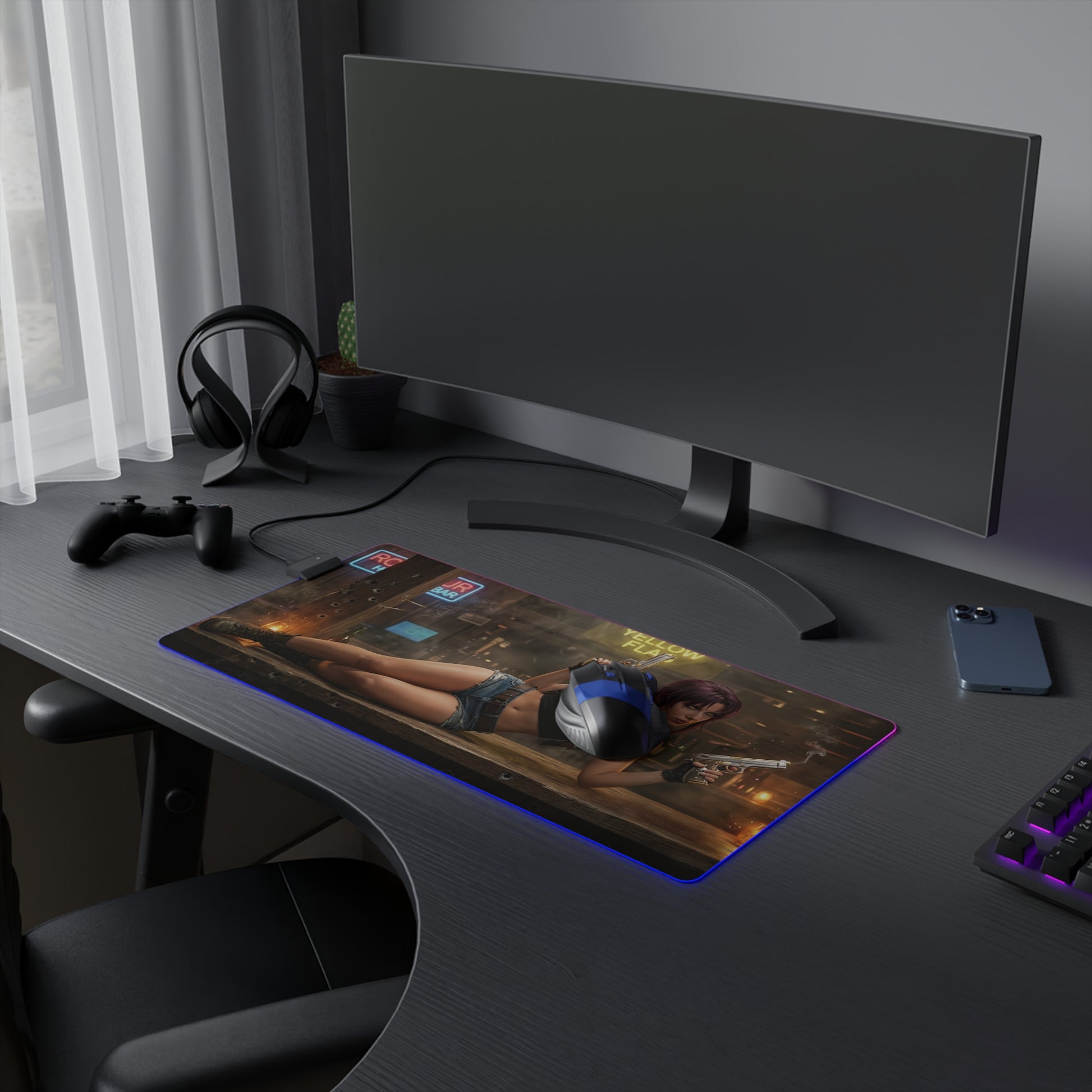 Black Lagoon Mouse Pad, Revy LED RGB Desk Mat, Gift for Gamer, Anime Room Decor — Revy dual-wield artwork on RGB gaming desk mat