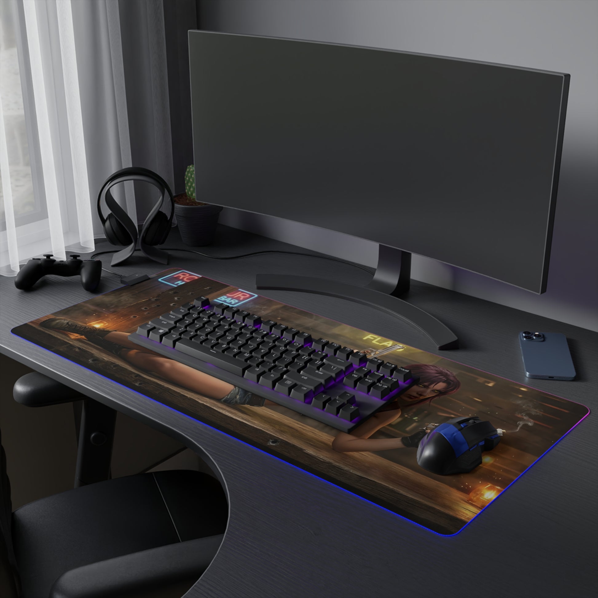 Black Lagoon Mouse Pad, Revy LED RGB Desk Mat, Gift for Gamer, Anime Room Decor — widescreen Revy desk mat with LED lighting and gaming setup