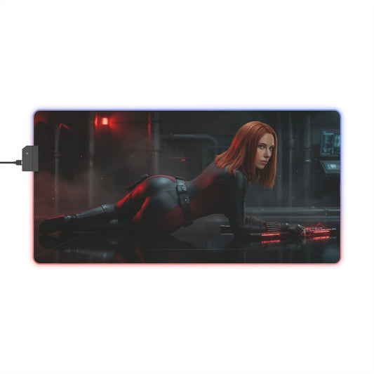 Marvel Mouse Pad, Black Widow RGB Gaming Desk Mat, Gift for Gamer, Gamer Room Decor - Black Widow prone pose on RGB gaming desk mat