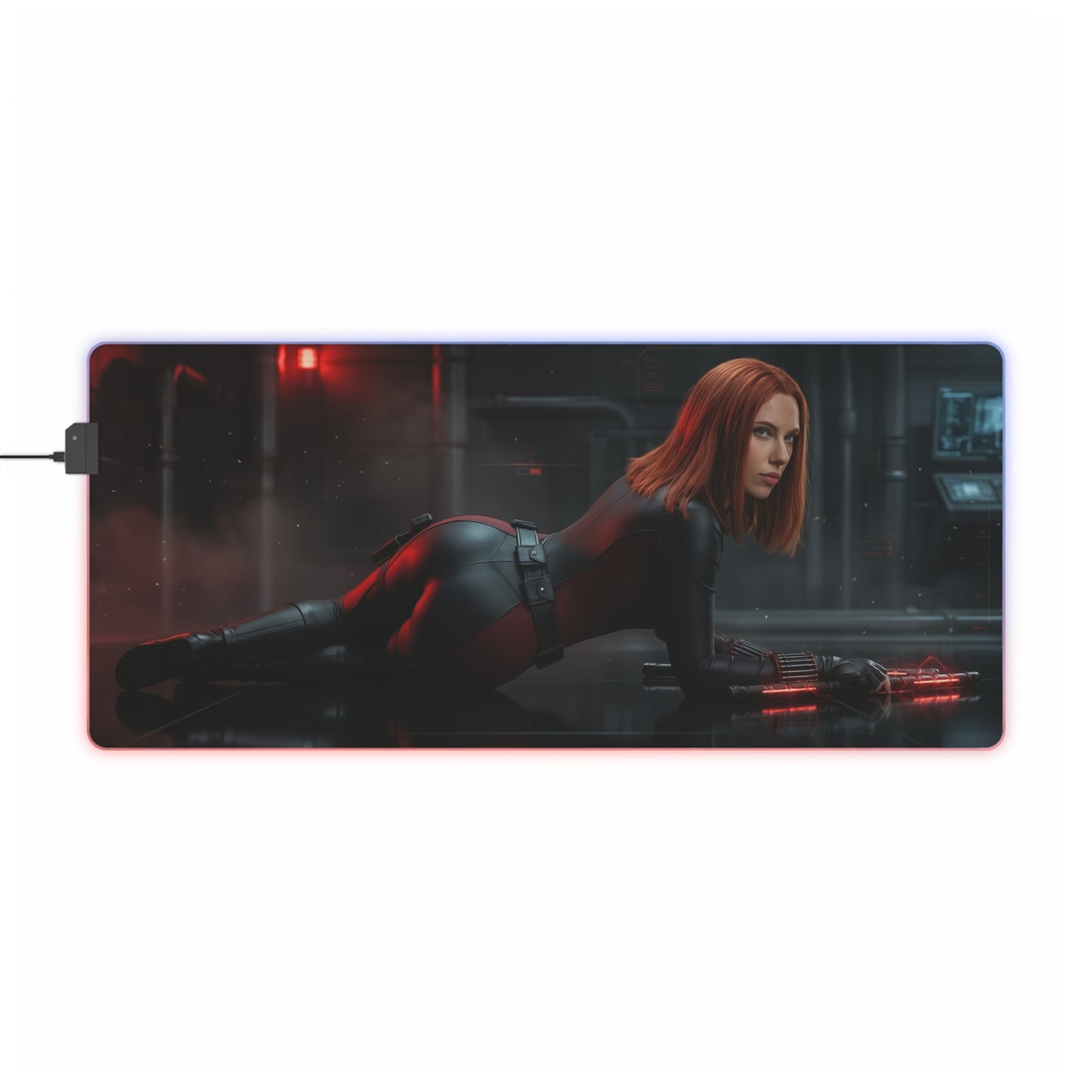 Marvel Mouse Pad, Black Widow RGB Gaming Desk Mat, Gift for Gamer, Gamer Room Decor - Black Widow in tactical pose on RGB gaming desk mat