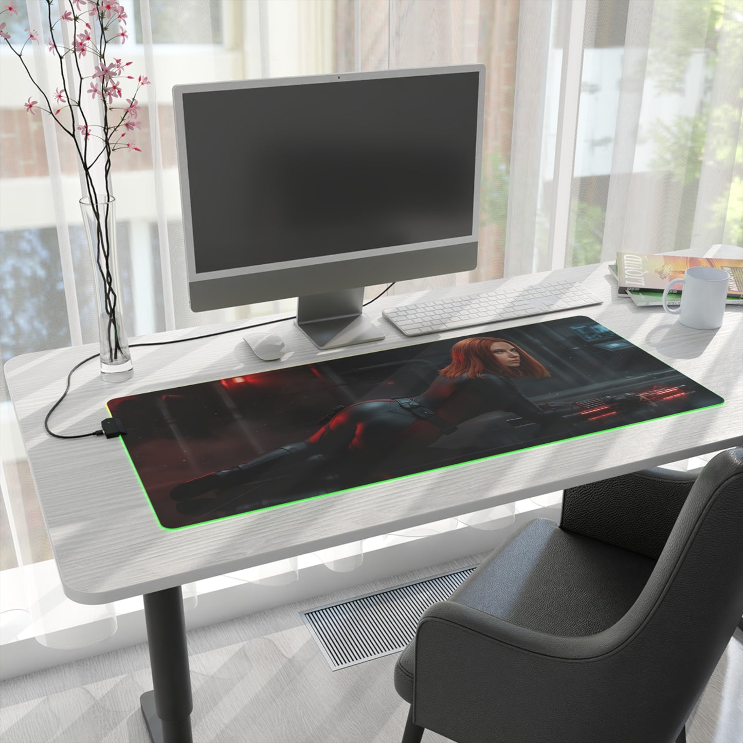 Marvel Mouse Pad, Black Widow RGB Gaming Desk Mat, Gift for Gamer, Gamer Room Decor on white desk with LED edge and Black Widow artwork