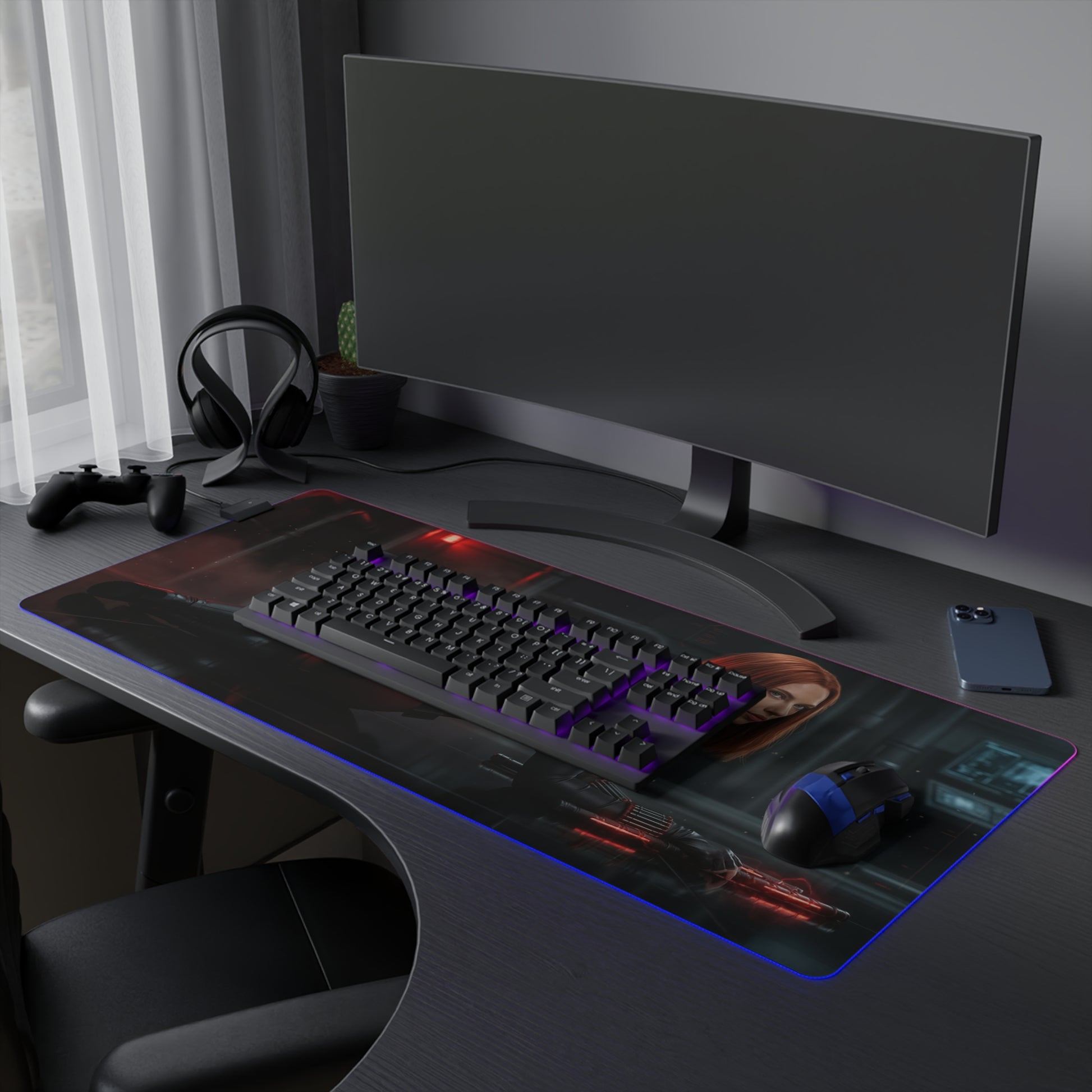 Marvel Mouse Pad, Black Widow RGB Gaming Desk Mat, Gift for Gamer, Gamer Room Decor — LED-edged Black Widow artwork on large precision cloth mat