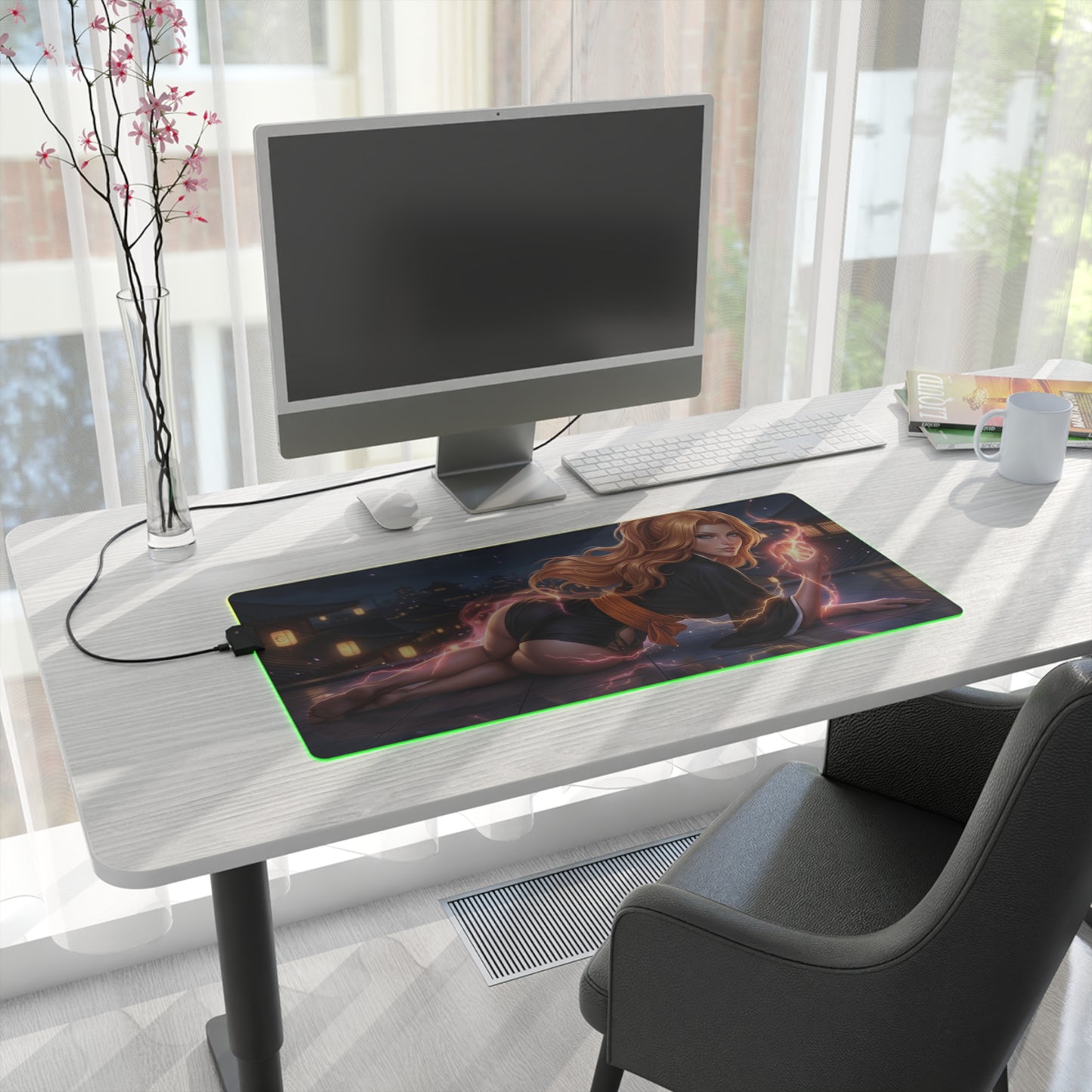 Bleach Mouse Pad, Rangiku Matsumoto LED RGB Desk Mat, Gift for Gamer, Anime Room Decor — desk setup with illuminated RGB mat featuring Rangiku art