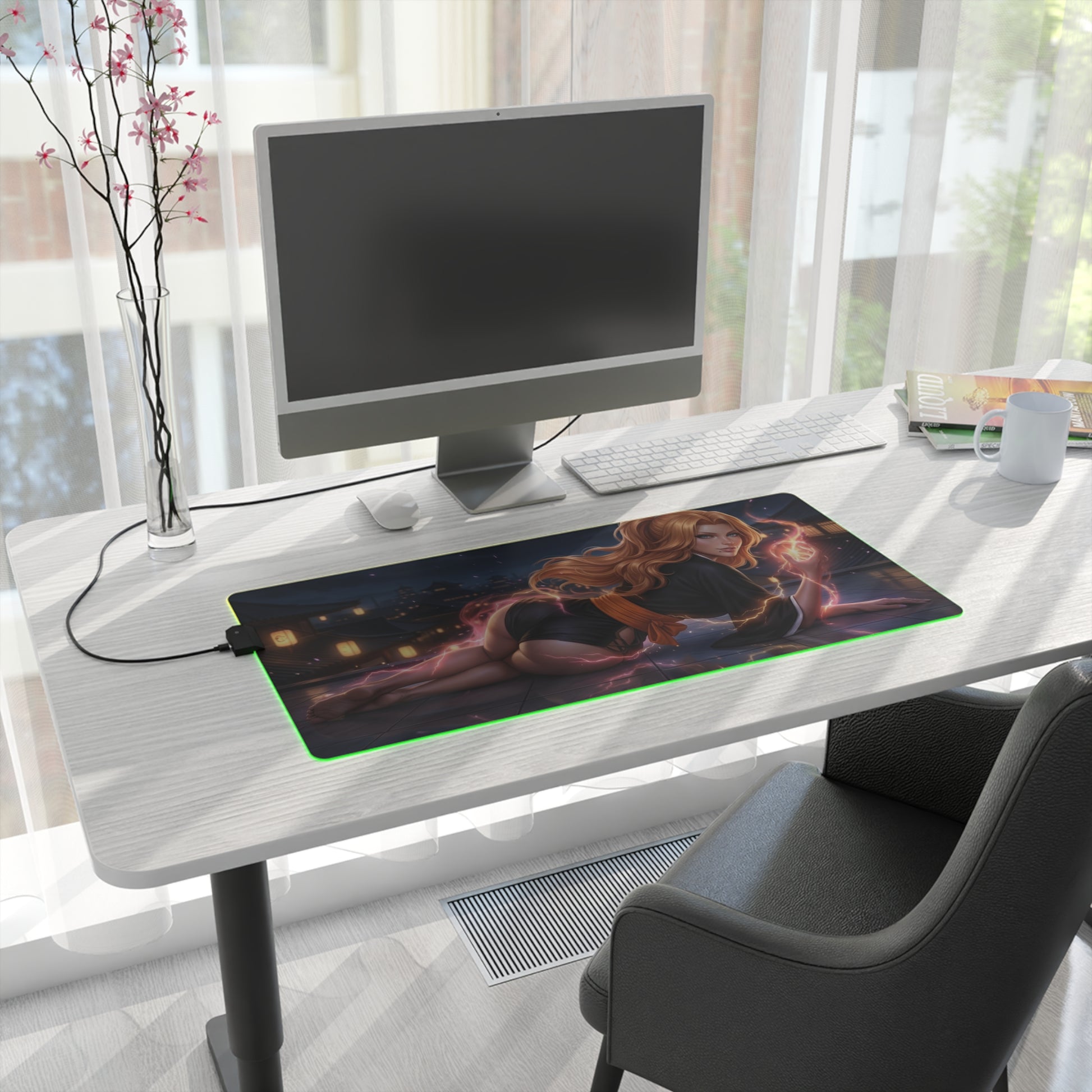 Bleach Mouse Pad, Rangiku Matsumoto LED RGB Desk Mat, Gift for Gamer, Anime Room Decor — desk setup with illuminated RGB mat featuring Rangiku art