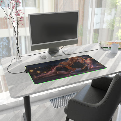 Bleach Mouse Pad, Rangiku Matsumoto LED RGB Desk Mat, Gift for Gamer, Anime Room Decor — desk setup with illuminated RGB mat featuring Rangiku art