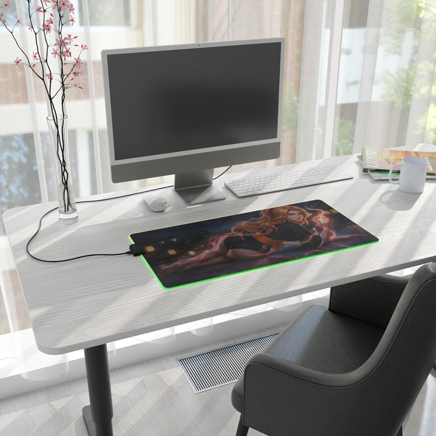 Bleach Mouse Pad, Rangiku Matsumoto LED RGB Desk Mat, Gift for Gamer, Anime Room Decor on modern white desk with PC and green RGB glow