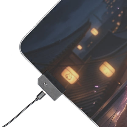 Bleach Mouse Pad, Rangiku Matsumoto LED RGB Desk Mat, Gift for Gamer, Anime Room Decor — corner close-up showing stitched edge, LED controller and night lantern art