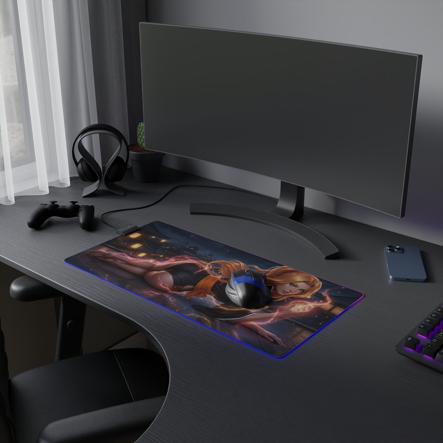 Bleach Mouse Pad, Rangiku Matsumoto LED RGB Desk Mat, Gift for Gamer, Anime Room Decor — Rangiku desk mat with LED RGB glow on gaming setup
