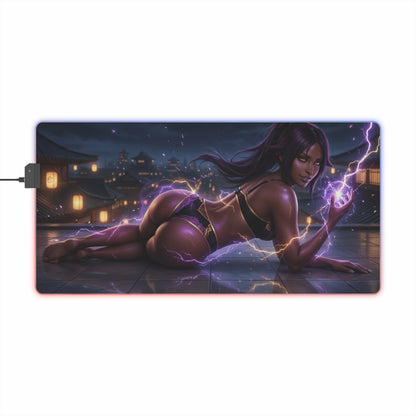 Bleach Mouse Pad, Yoruichi LED RGB Desk Mat, Gift for Gamer, Anime Room Decor - Yoruichi pose with purple lightning on RGB gaming desk mat