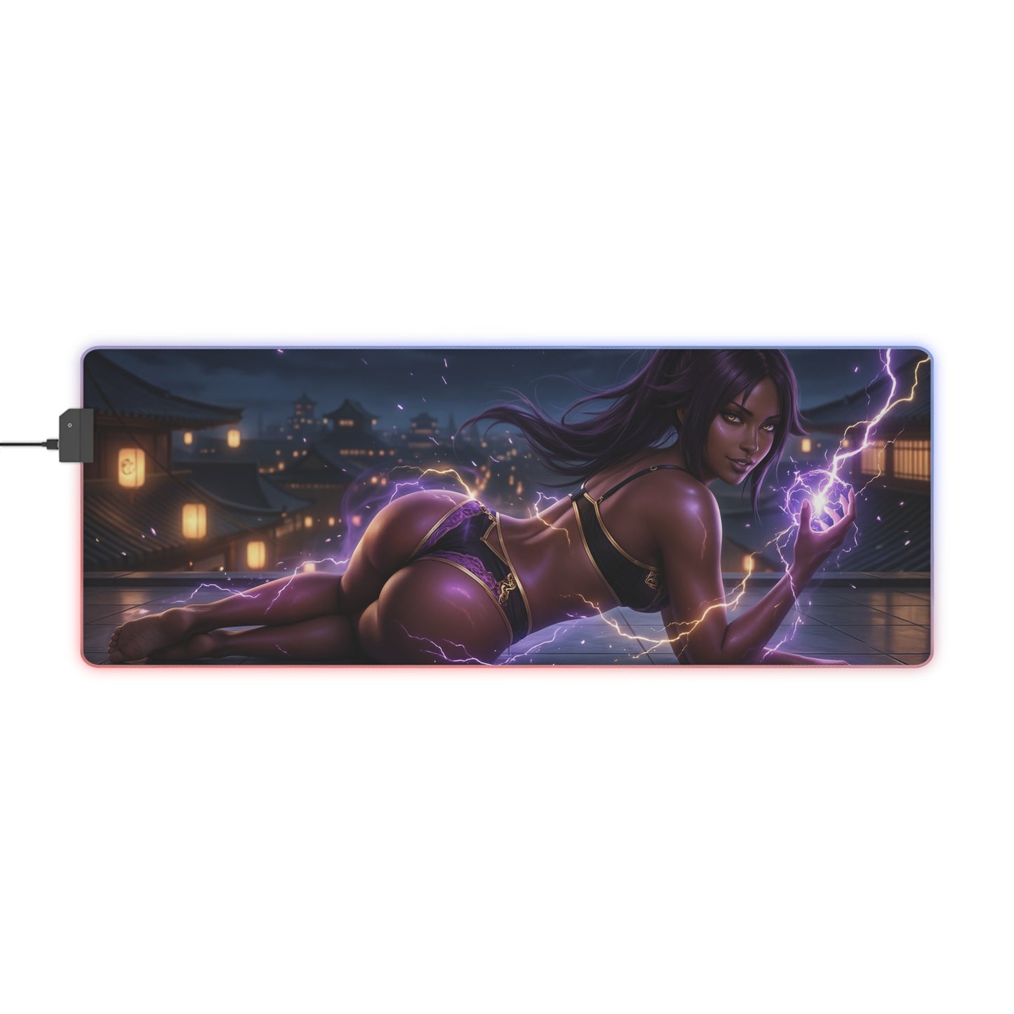 Bleach Mouse Pad, Yoruichi LED RGB Desk Mat, Gift for Gamer, Anime Room Decor — Yoruichi pose with purple lightning on RGB desk mat