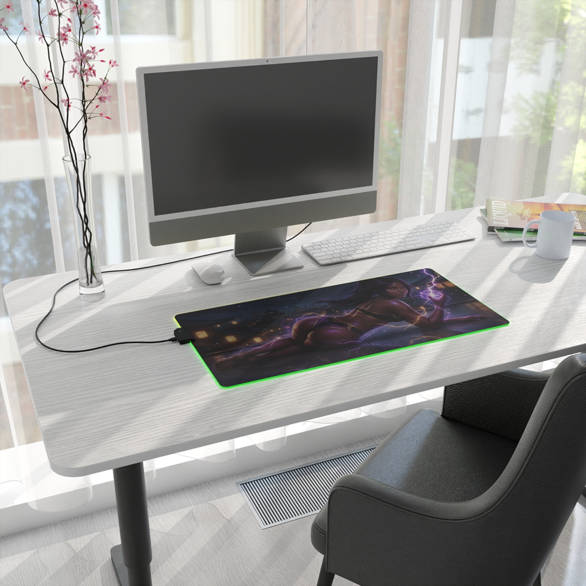 Bleach Mouse Pad, Yoruichi LED RGB Desk Mat, Gift for Gamer, Anime Room Decor on modern desk with glowing green LED edge and Yoruichi artwork