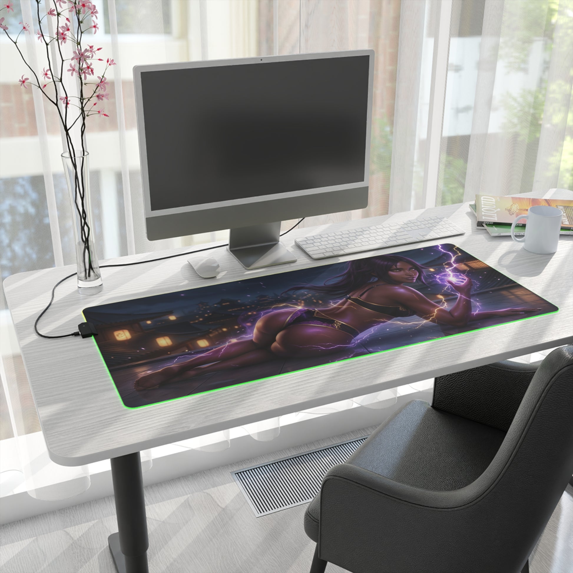 Bleach Mouse Pad, Yoruichi LED RGB Desk Mat, Gift for Gamer, Anime Room Decor — Yoruichi glowing LED gaming desk mat on modern white workstation