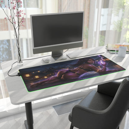 Bleach Mouse Pad, Yoruichi LED RGB Desk Mat, Gift for Gamer, Anime Room Decor — Yoruichi glowing LED gaming desk mat on modern white workstation