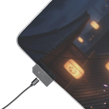Bleach Mouse Pad, Yoruichi LED RGB Desk Mat, Gift for Gamer, Anime Room Decor — close-up of RGB connector and stitched edge on dark lantern artwork